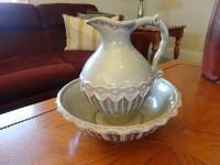10" Pottery Fired Ceramic Wash Stand Basin & Pitcher Lamp Decor