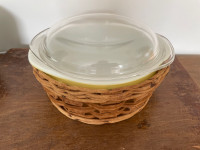 Pyrex covered casserole with lid and wicker cradle