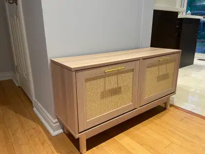 Modern Light Oak & Rattan Shoe Cabinet – Excellent Condition, View more