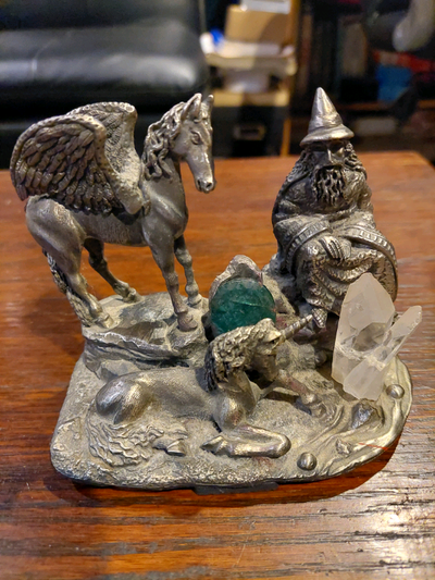 Very unique piece pewter wizard unicorn winged horse statue very heavy piece Over 1630 grams genuine...