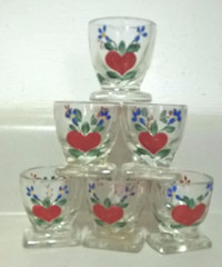 Vintage Glass Egg Cups with Red Hearts and Flowers