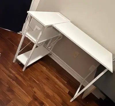 White L-Shaped Corner Computer Desk with Storage Bag & Shelves, View more