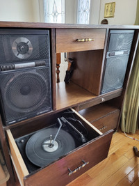 Custom built cabinet with vinyl record player and speakers.