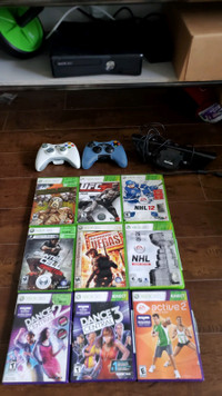 Xbox 360 slim 2 controllers kinect games nhl ufc dance