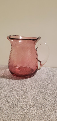 Vintage Cranberry Glass Pitcher Hand Blown Ribbed Clear Handle