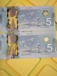 2013 Canada $5 Banknotes. Two Consecutive.