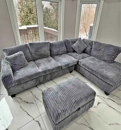 Grey Plush Corduroy Sectional Sofa with Matched Ottoman Buy It , View more