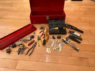 Tool box with various tools, View more