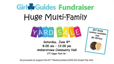 Multi Family Yard Sale to support Girl Guide trip. There will be cookies for sale too!