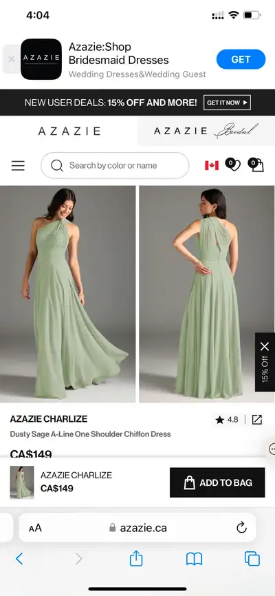 Azazie bridesmaid dress, size A22 in colour dusty sage. Worn once this summer. $100 (obo)
