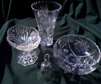 Vintage Pinwheel crystal vase, bowl, stemmed dish, dinner bell