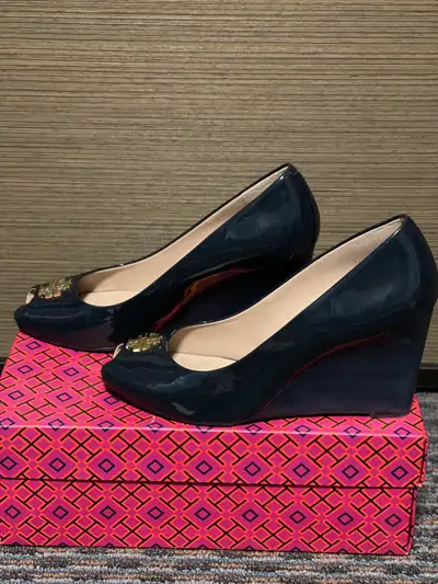 **PRICE IS FIRM** TORY BURCH Peep Toe Wedge in blue patent leather, size 8. Please also check out my...
