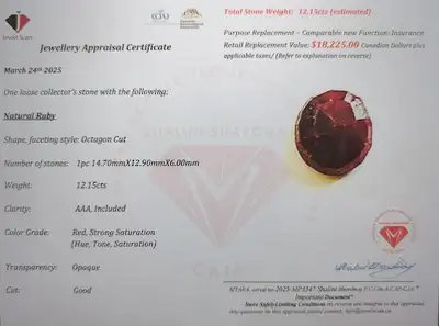 Certified 12.15 Carat Natural Ruby – Appraised $18,225, View more