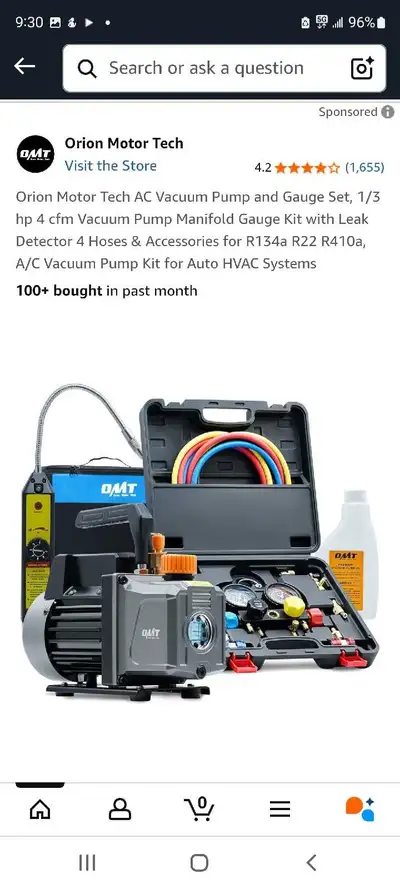Orion Motor Tech AC Vacuum Pump and Gauge Set, 1/3 HP 4 cfm Vacuum Pump Manifold Gauge Kit with Leak...