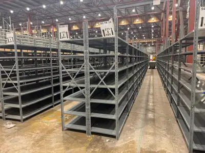 Used metal shelving 24” deep x 48” wide x 7’3 tall. You can’t find this shelving in regular stores....