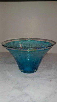 6"x10" Handblown Bubble Glass Turquoise Bowl Bubbles Clear Rim