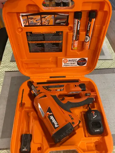 Gently used And clean nailer. Comes with case, two batteries, charger, fuel cells, all documentation...