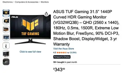 April deal TUF Gaming Monitor – 31.5 inch QHD, Curved, 180Hz, View more