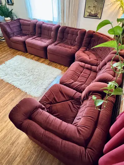 Vintage 70s Modular Maroon Velvet Sofa , View more