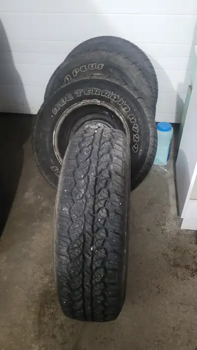 Set of 4 used <85% all season tires LT225/75/R16 on rim. Cash pick up only. Text Matt 403-667-0146 T...