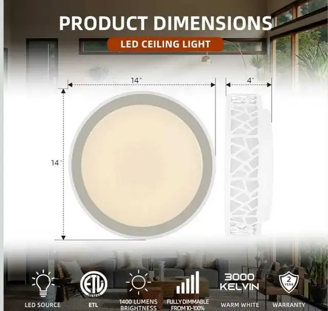 LED Flush Mount Ceiling Light, 14 Inch Dimmable Round Lighting  in Indoor Lighting & Fans in Markham / York Region - Image 4