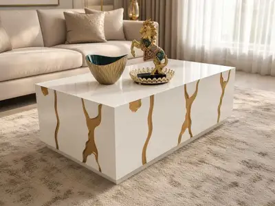 Glossy White Rectangular Coffee Table with Gold Wave Accents, View more