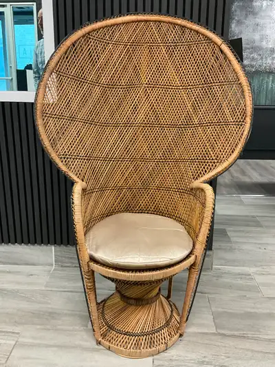 1970’S RATTAN PEACOCK CHAIR COMES WITH ORIGINAL PILLOW IN EXCELLENT CONDITION 56” TALL AT BACK CALL...