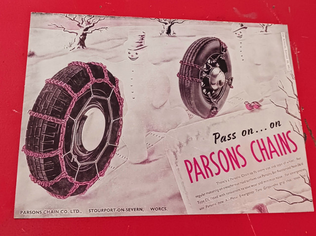BRITISH 1952 PARSONS TIRE CHAINS ORIGINAL AD  VINTAGE AUTOMOTIVE dans Art et objets de collection  à Ville de Montréal - Image 2