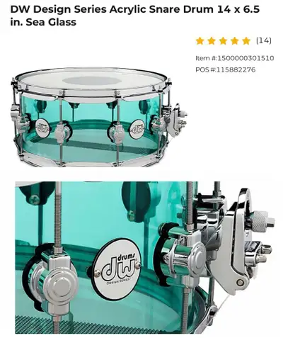 DW Design Series Acrylic Snare Drum 14 x 6.5 in. Sea Glass, View more