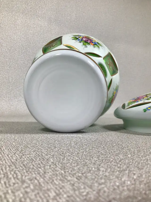 Vintage Bohemian white cut to green glass footed candy dish - aa in Arts & Collectibles in Cambridge - Image 7