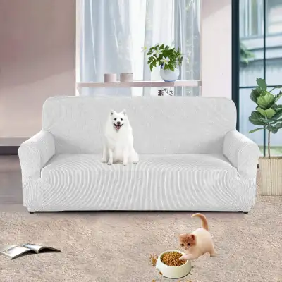 NEW Loveseat, White, AUJOY Cover Stretch 1-Piece Slipcover for 2 Cushion Couch Jacquard Spandex Fabr...