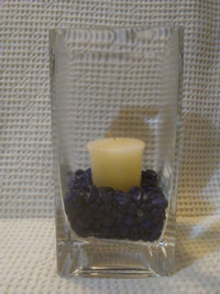 Small Square Glass Vase, Ivory Votive Candle, Blue Pebbles