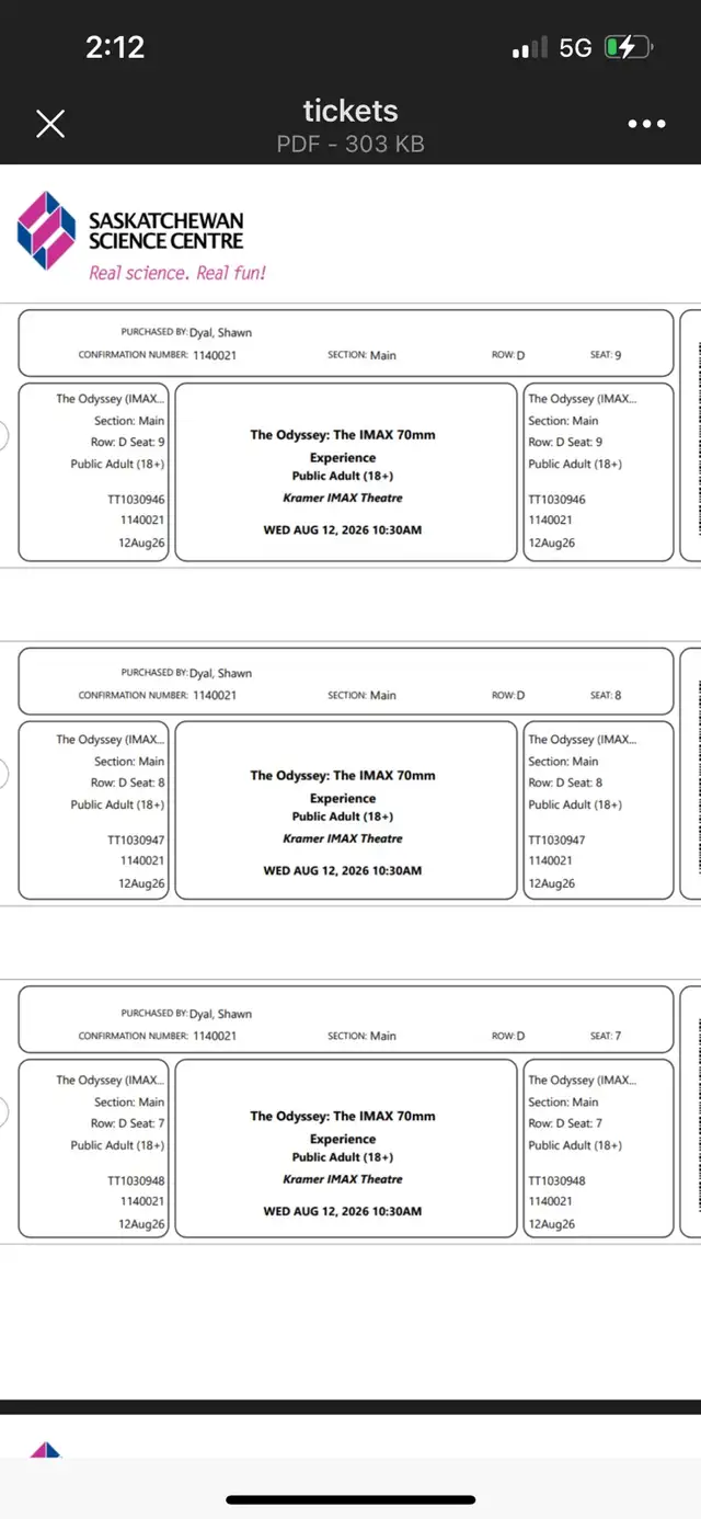 The Odyssey Regina IMAX - Aug 12th 10:30am - Great Seats!