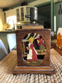 Vintage Wood Folk Art Hand Carved & Hand Painted Desk Lamp