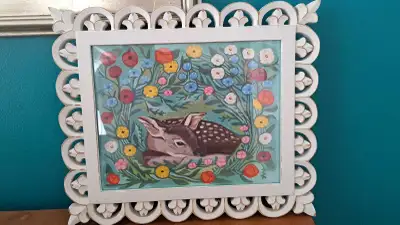 Whimsical print and wooden frame, View more