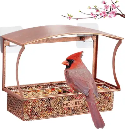 Window Bird Feeder, Durable Metal Bird Feeder, Window Bird Feeders with Strong Adhesive Sheets ×4, W...