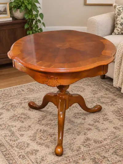 Mahogany Pedestal Accent Table – Decorative Inlaid Top, View more