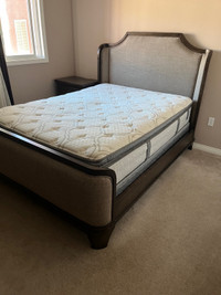 Queen size bed, box spring, mattress and end table