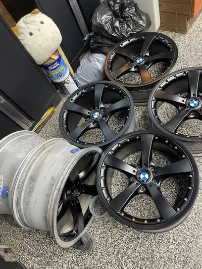 Selling staggered set of BMW wheels, just back from being refinished in satin black. Oem fit for 3 s...