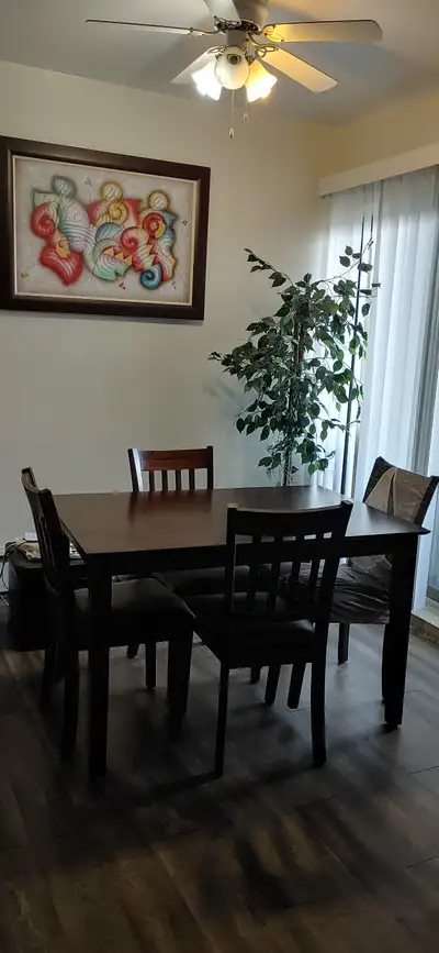 Wooden dining set including 4 chairs and chair covers, View more