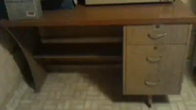 Desks, wood chairs, stools, coffee tables, bikes, bike parts, bar fridge, oval patio table, 4’ round...