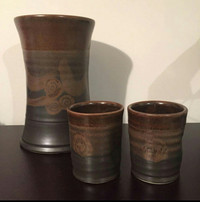 NEW - Brown Grey Ceramic Vase Pot Jar and Cups Set