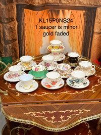 Vintage hand painted tea set & 11 other Bone China tea cups & sa