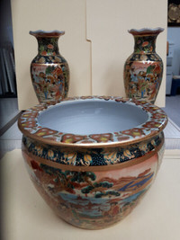 3 Pieces Asian Pottery with Japanese Scenes