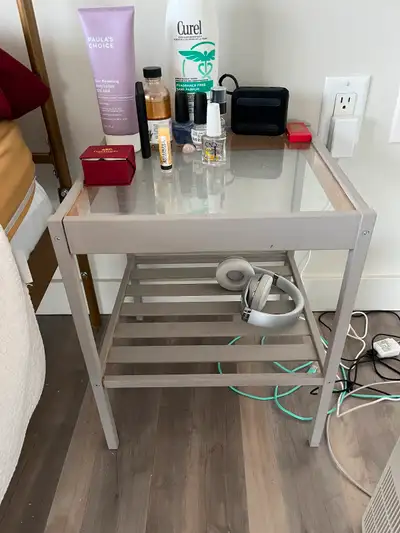 Glass top painted side table, View more