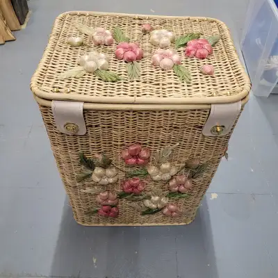 Rutan wicker laundry basket / set oak TV trays / recycled bin, View more