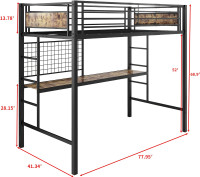 NEW Twin Size Metal Loft Bed Over Desk, Guardrail, 2 Ladders