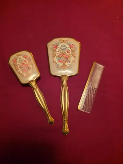 VINTAGE 3 PIECE BRASS VANITY SET WITH UNIQUE PETIT POINT DESIGN, View more