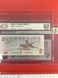 1986 $2 Canada Low Serial Number in 2 Sequential Banknotes