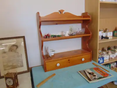 PINE HANDCRAFTED HANGING 3 SHELF DISPLAY PIECE WITH DRAWER, View more